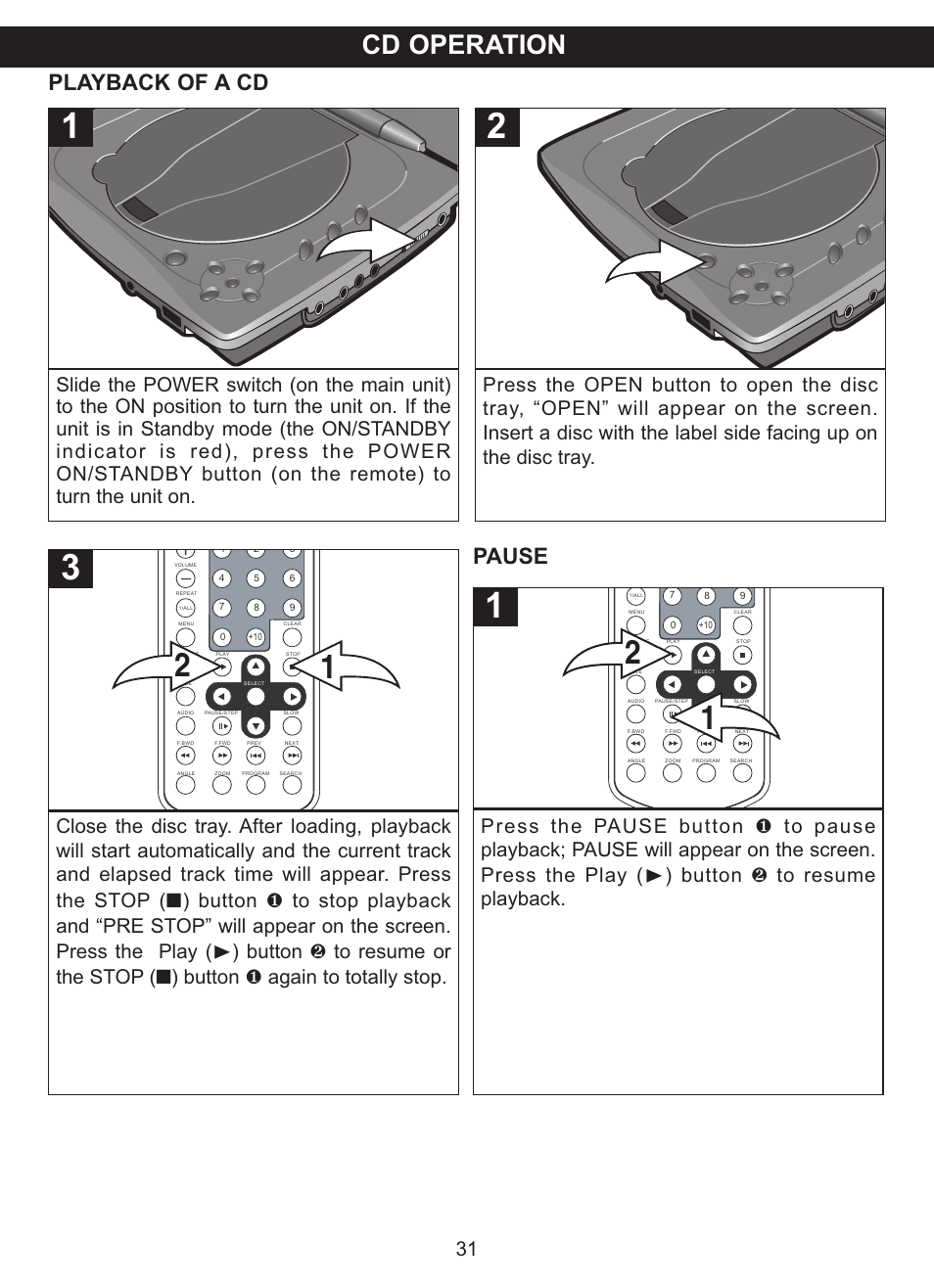 Cd operation, Playback of a cd, Pause | Memorex MVDP1077 User Manual | Page 32 / 41