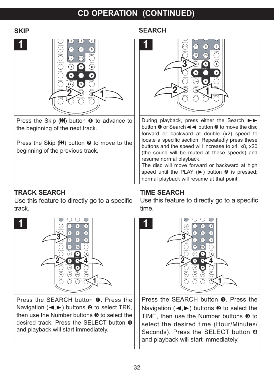 Cd operation (continued), Skip search | Memorex MVDP1077 User Manual | Page 33 / 41