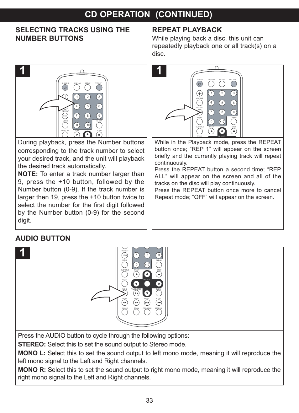 Cd operation (continued), Repeat playback, Selecting tracks using the number buttons | Audio button | Memorex MVDP1077 User Manual | Page 34 / 41