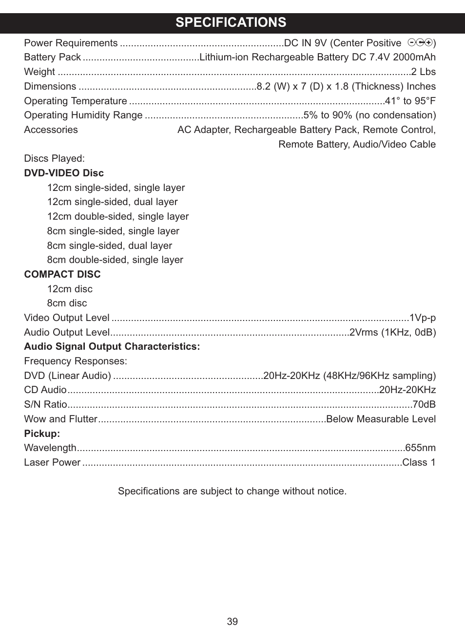 Specifications | Memorex MVDP1077 User Manual | Page 40 / 41