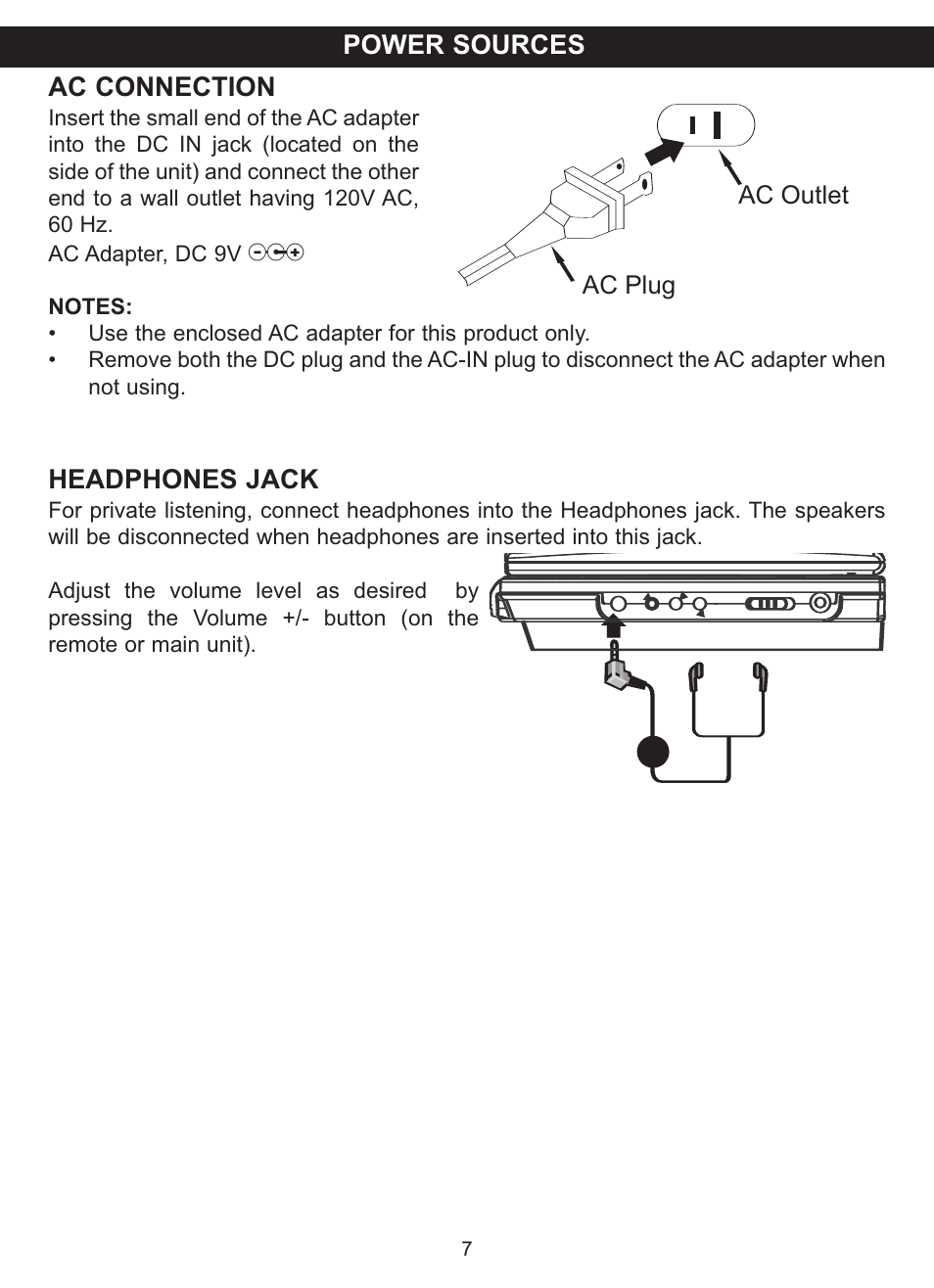 Ac connection, Headphones jack, Power sources | Memorex MVDP1077 User Manual | Page 8 / 41