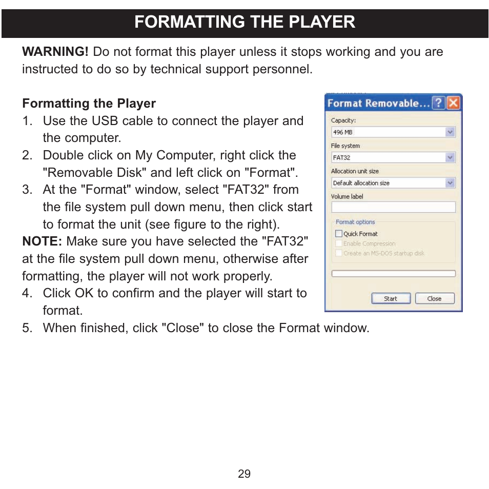 Formatting the player | Memorex MMP8570 User Manual | Page 30 / 34