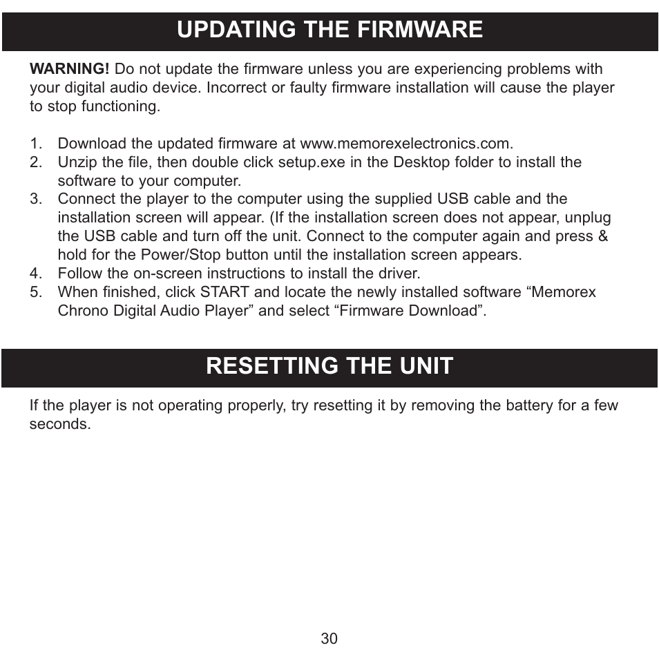 Updating the firmware, Resetting the unit | Memorex MMP8570 User Manual | Page 31 / 34