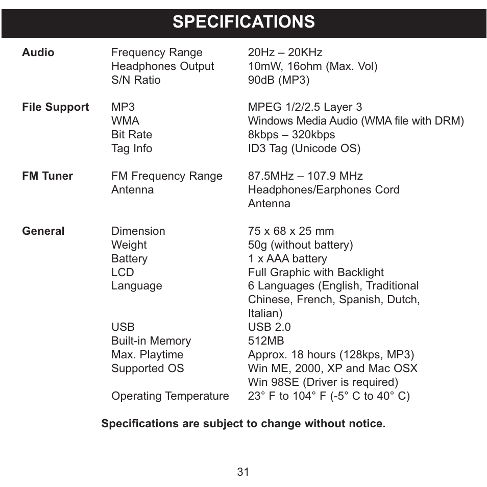 Specifications | Memorex MMP8570 User Manual | Page 32 / 34