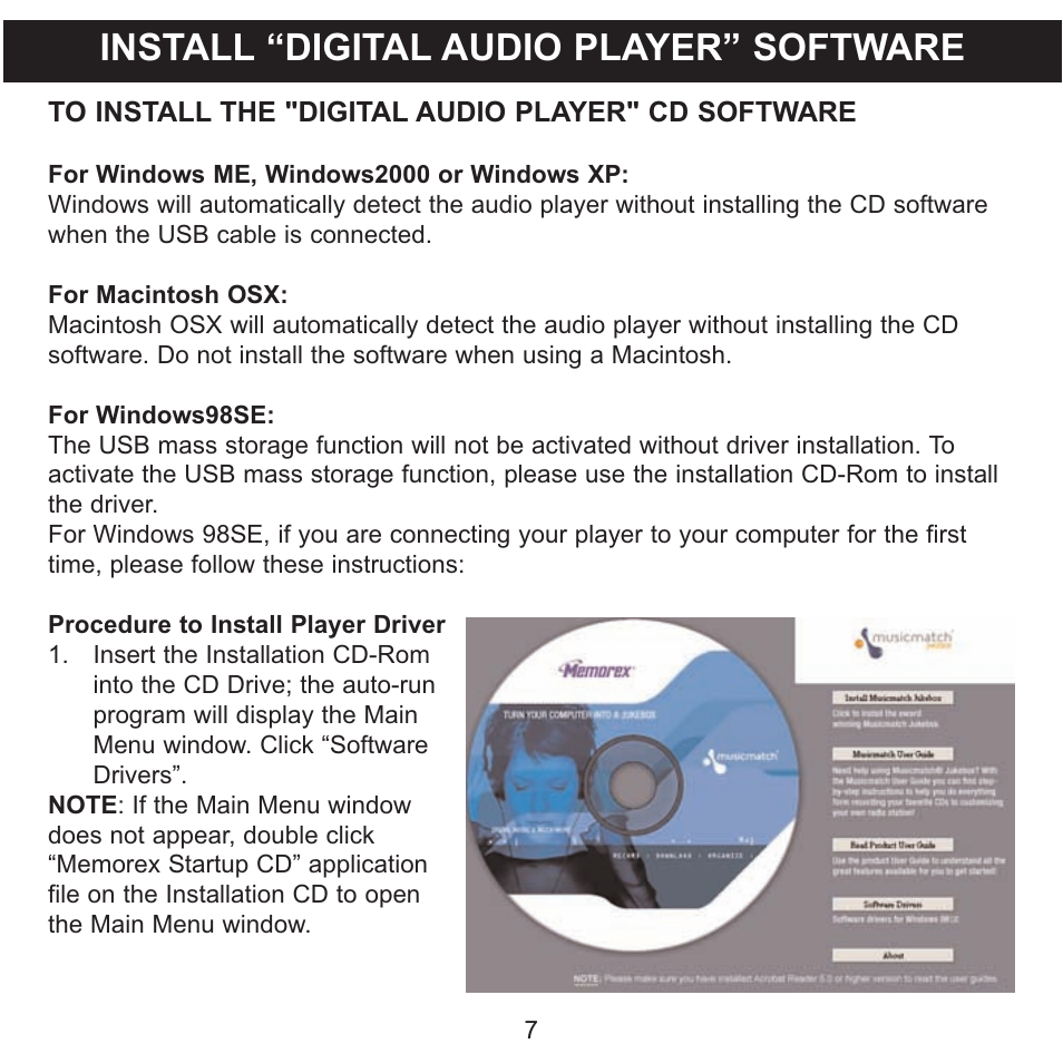 Install “digital audio player” software | Memorex MMP8570 User Manual | Page 8 / 34