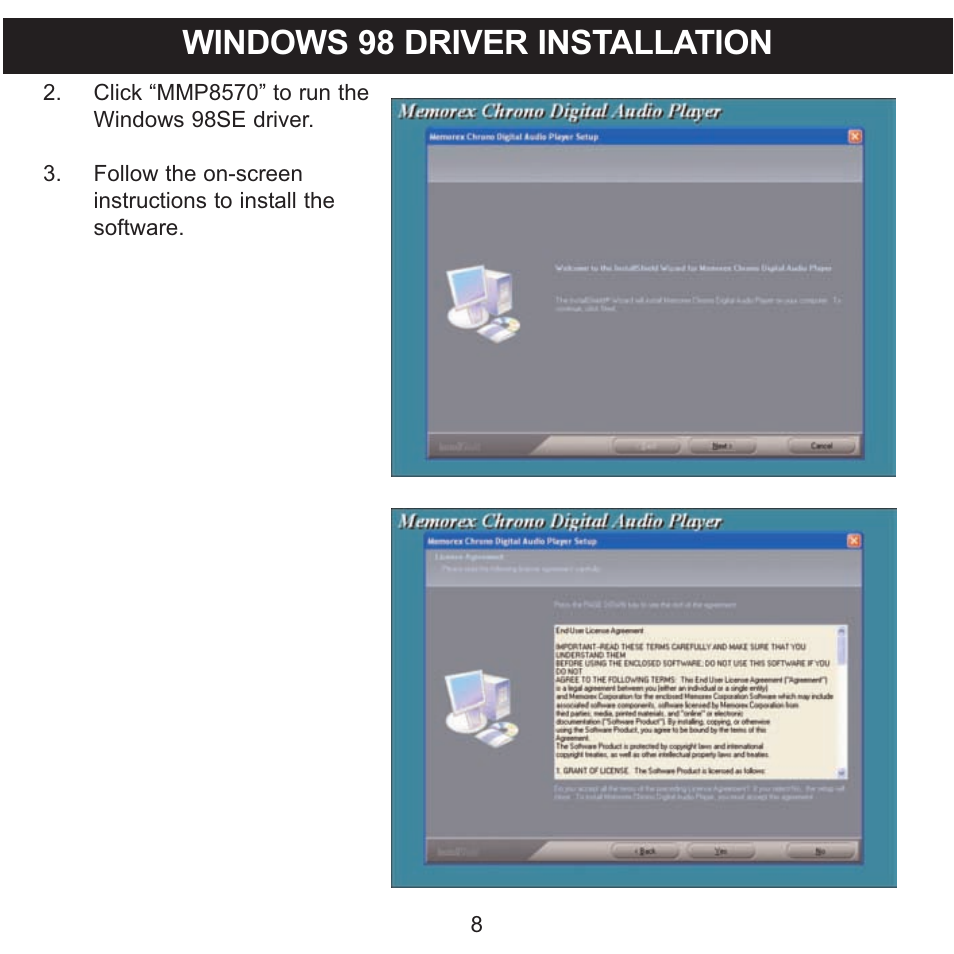 Windows 98 driver installation | Memorex MMP8570 User Manual | Page 9 / 34
