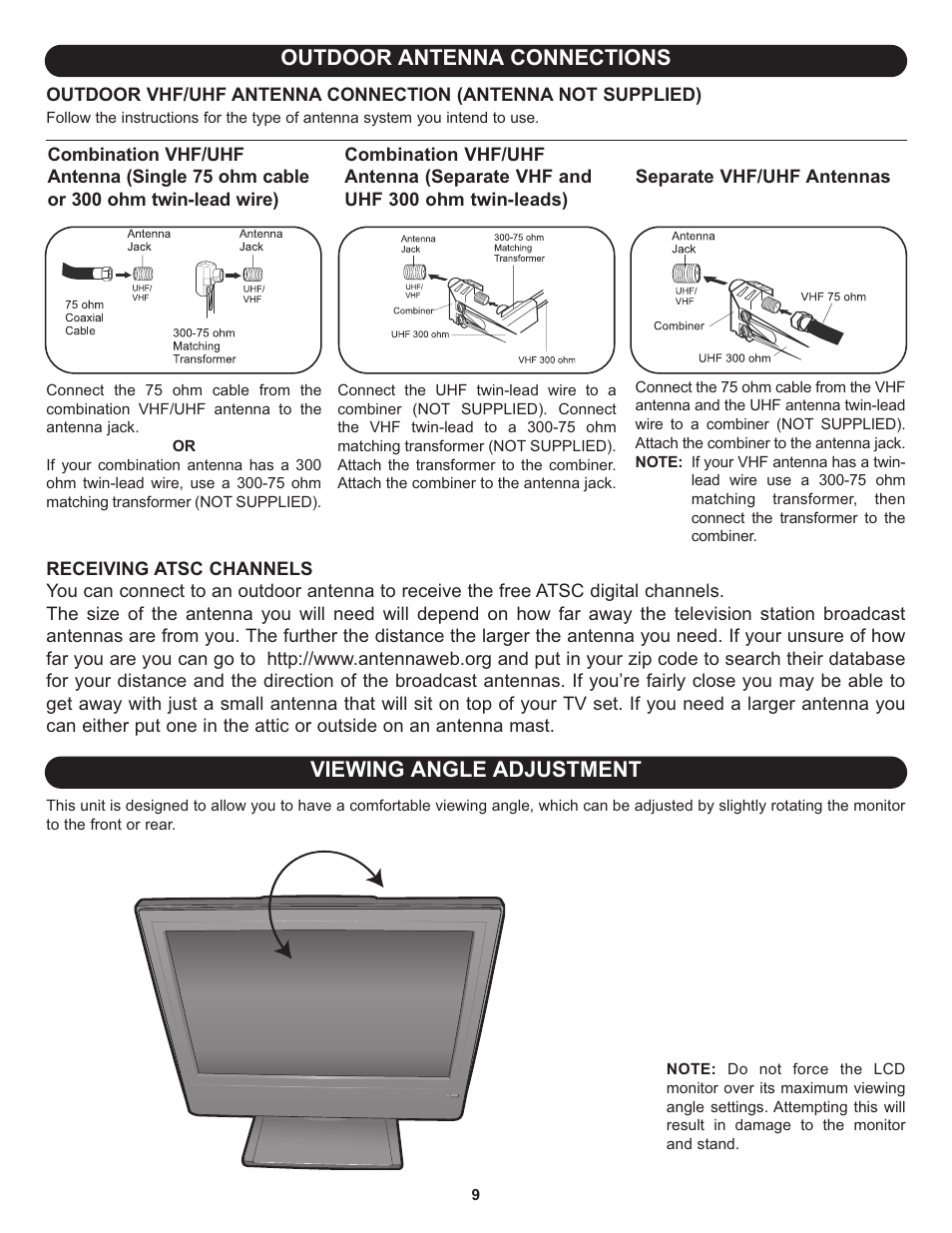 Outdoor antenna connections, Viewing angle adjustment | Memorex MLT1912 User Manual | Page 10 / 82