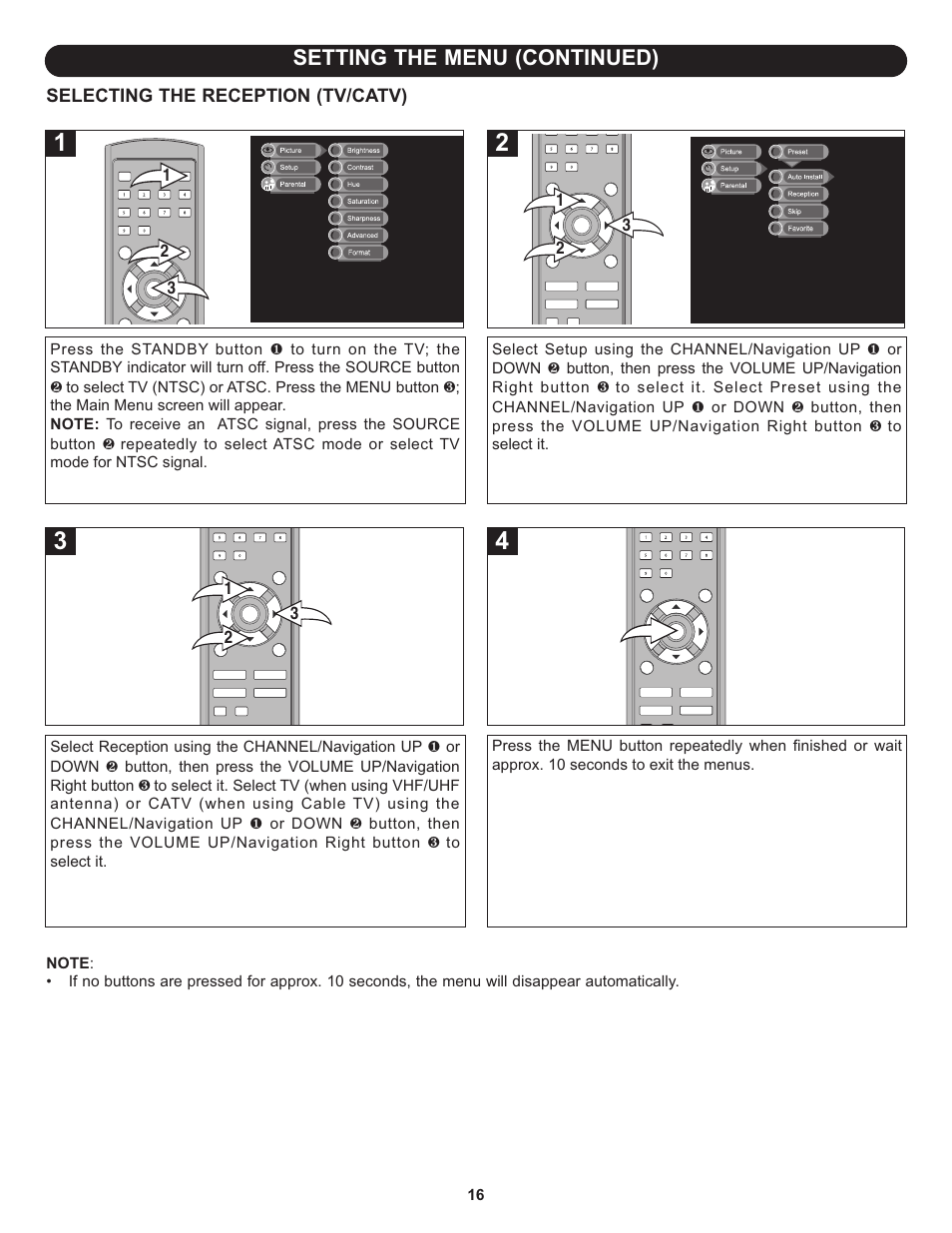 Setting the menu (continued) | Memorex MLT1912 User Manual | Page 17 / 82