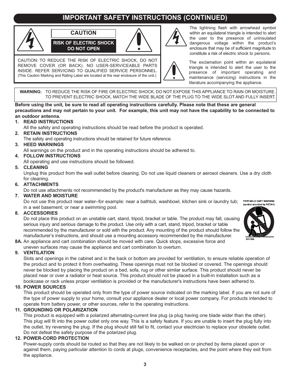 Important safety instructions (continued), Caution | Memorex MLT1912 User Manual | Page 4 / 82