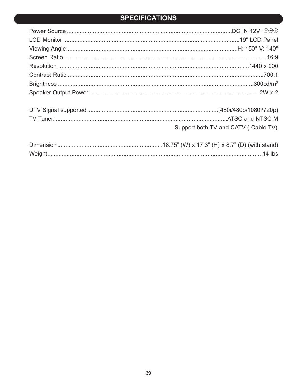 Specifications | Memorex MLT1912 User Manual | Page 40 / 82