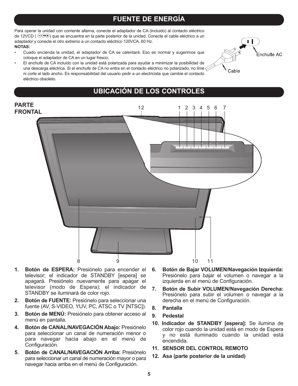 Ubicación de los controles, Fuente de energía | Memorex MLT1912 User Manual | Page 46 / 82