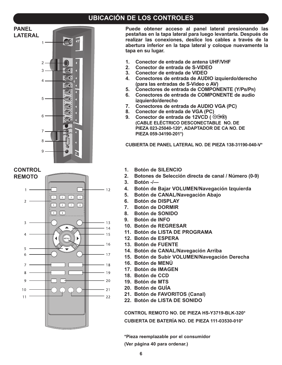 Ubicación de los controles | Memorex MLT1912 User Manual | Page 47 / 82