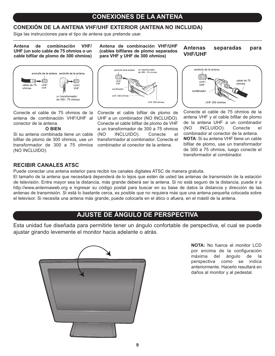 Conexiones de la antena, Ajuste de ángulo de perspectiva | Memorex MLT1912 User Manual | Page 50 / 82
