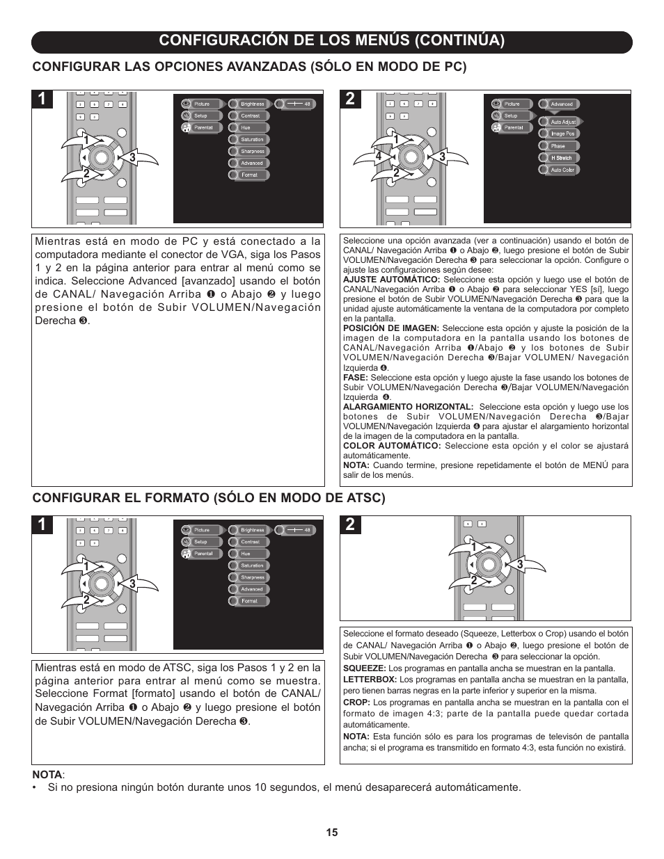 Configuración de los menús (continúa), Configurar el formato (sólo en modo de atsc) | Memorex MLT1912 User Manual | Page 56 / 82