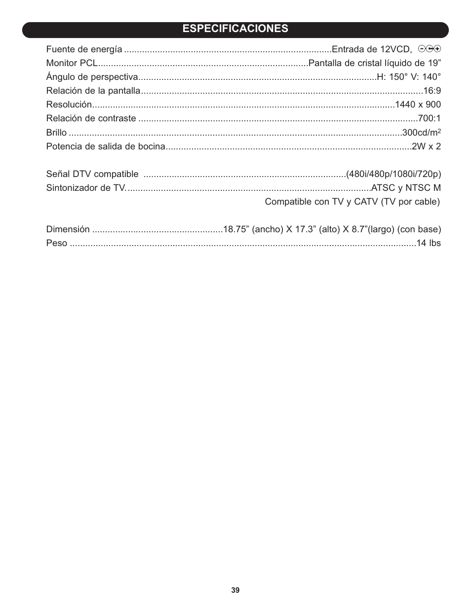 Especificaciones | Memorex MLT1912 User Manual | Page 80 / 82