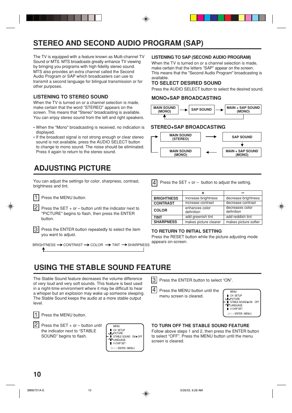 Adjusting picture, Stereo and second audio program (sap), Using the stable sound feature | Memorex MT2206 User Manual | Page 10 / 48