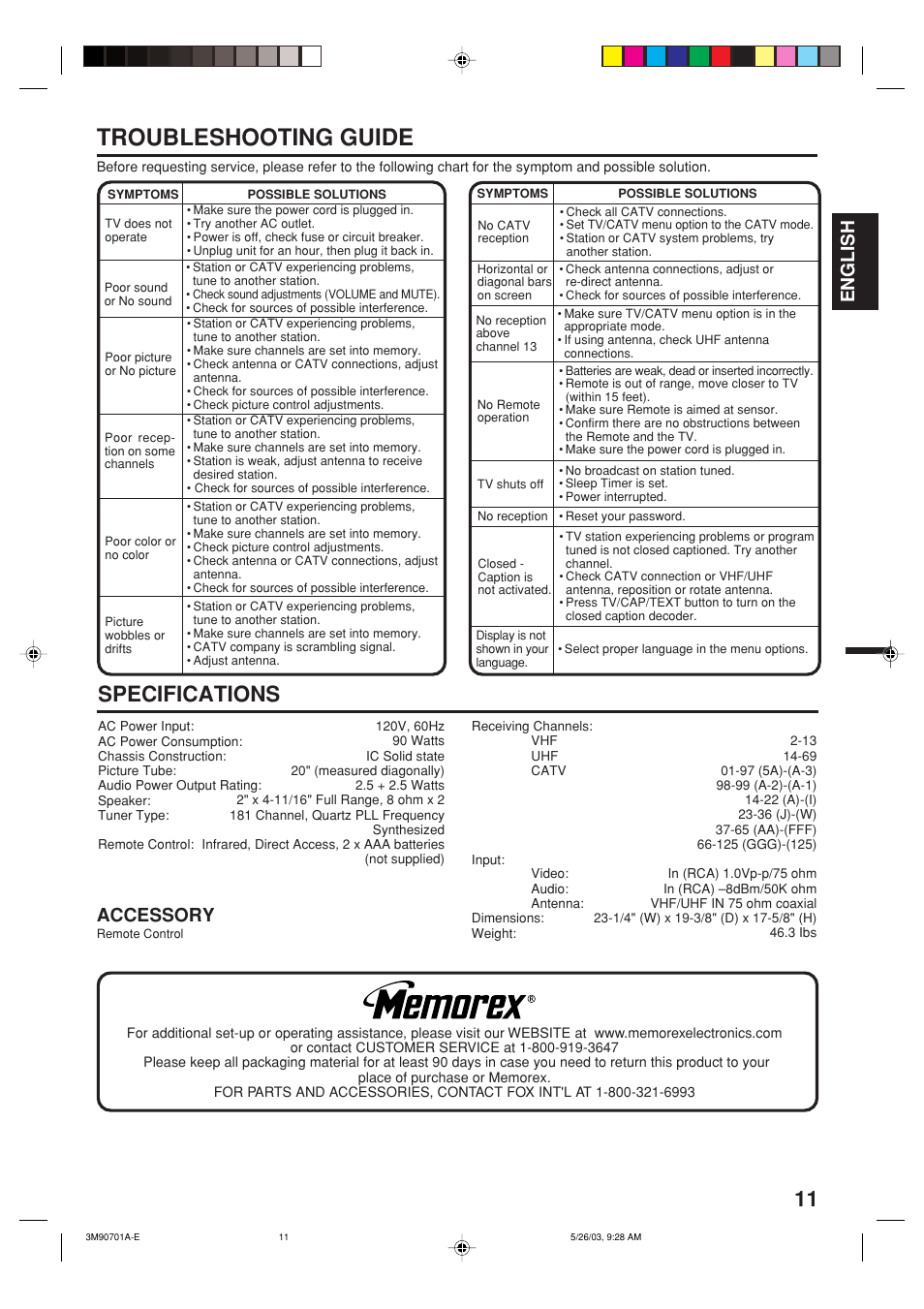 Troubleshooting guide, Specifications, English | Accessory | Memorex MT2206 User Manual | Page 11 / 48
