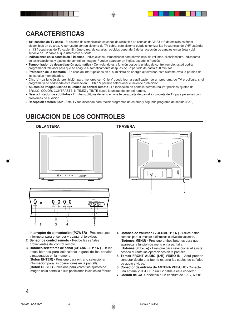 Caracteristicas ubicacion de los controles, Delantera, Trasera | Memorex MT2206 User Manual | Page 16 / 48