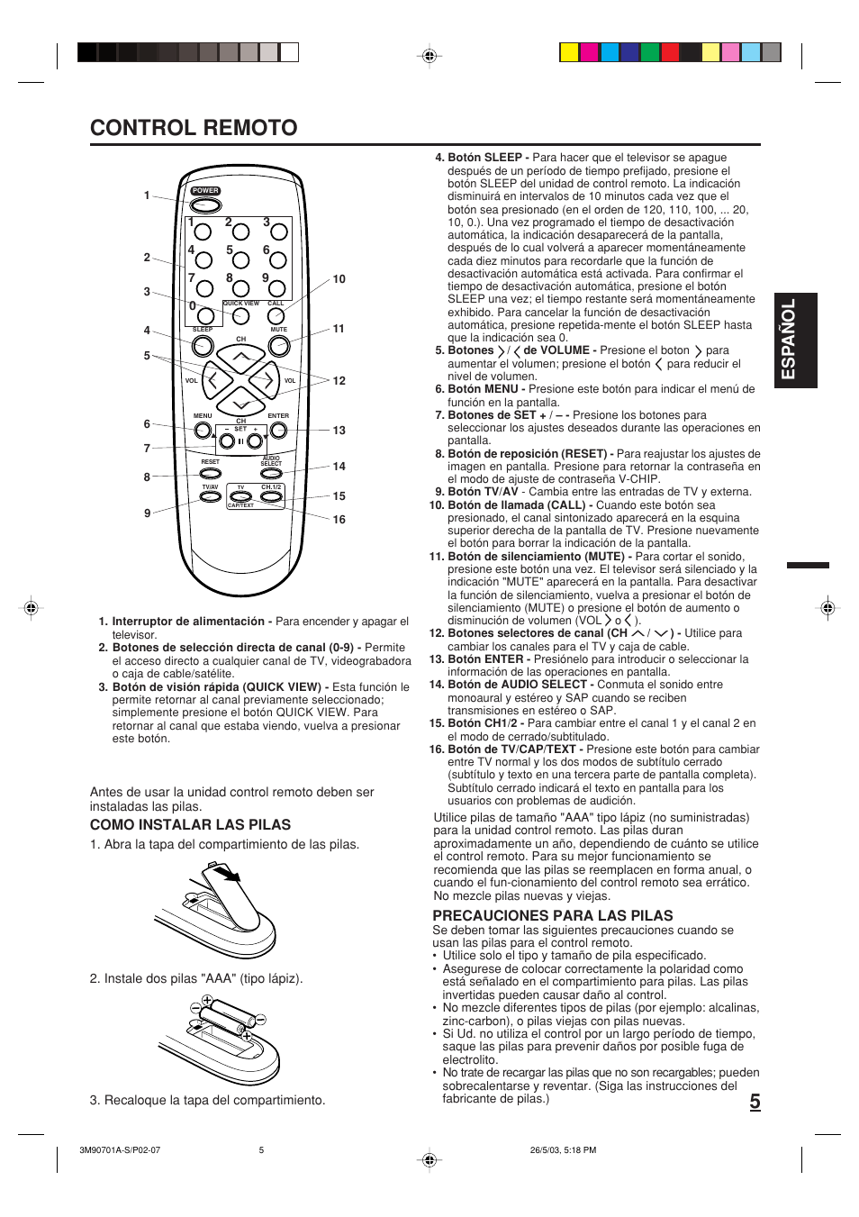 Control remoto, Esp a ñ ol, Como instalar las pilas | Precauciones para las pilas | Memorex MT2206 User Manual | Page 17 / 48