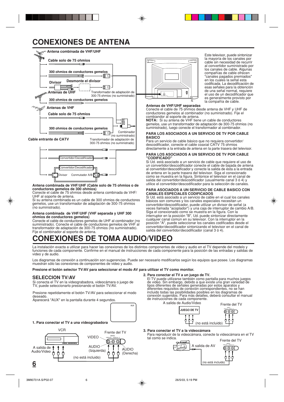 Conexiones de antena, Conexiones de toma audio/video, Seleccion tv/av | Memorex MT2206 User Manual | Page 18 / 48