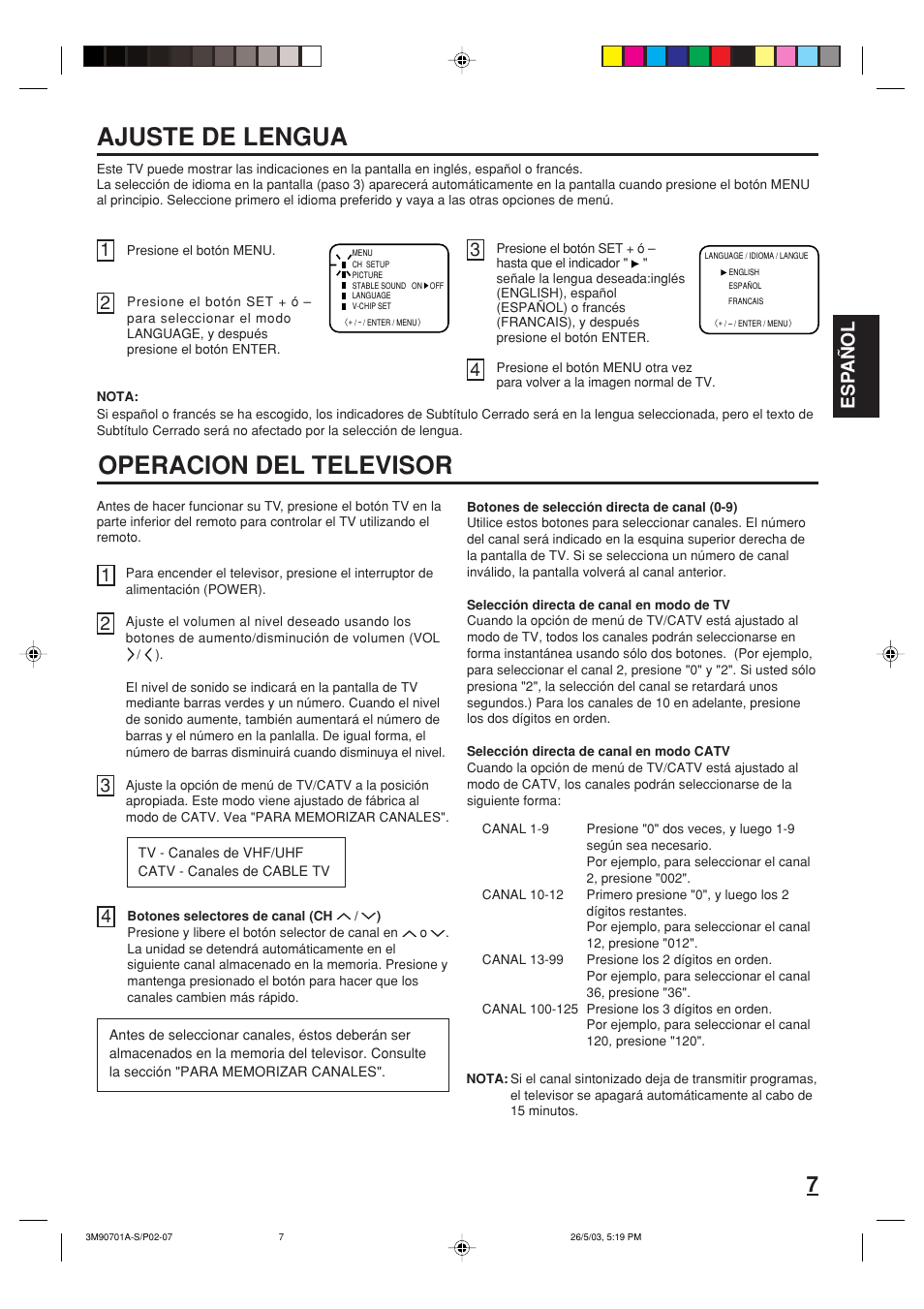 Operacion del televisor, Ajuste de lengua, Esp a ñ ol | Memorex MT2206 User Manual | Page 19 / 48