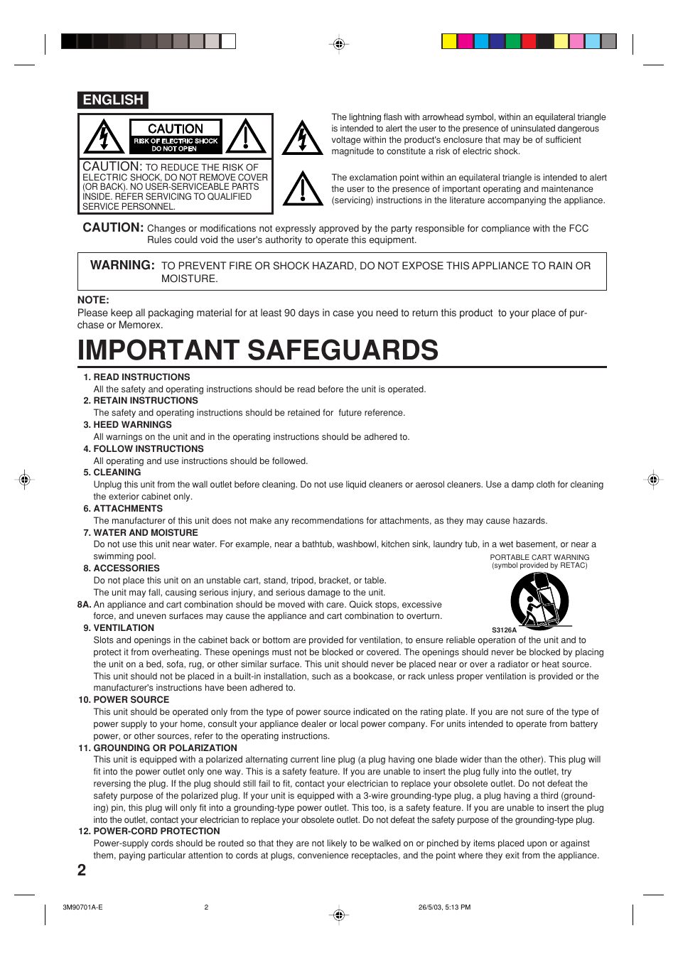 Important safeguards, English, Caution | Warning | Memorex MT2206 User Manual | Page 2 / 48