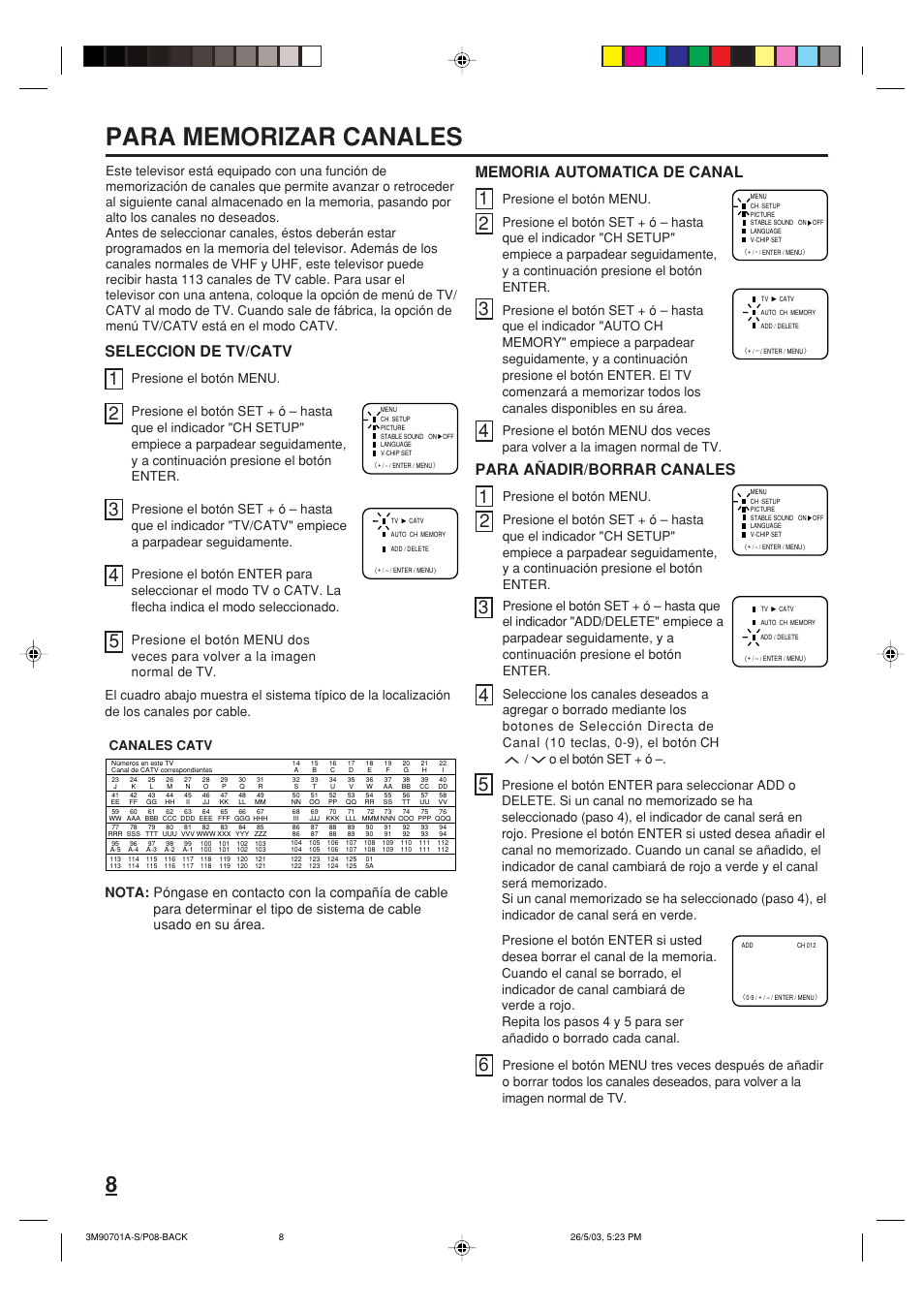 Seleccion de tv/catv, Para añadir/borrar canales | Memorex MT2206 User Manual | Page 20 / 48