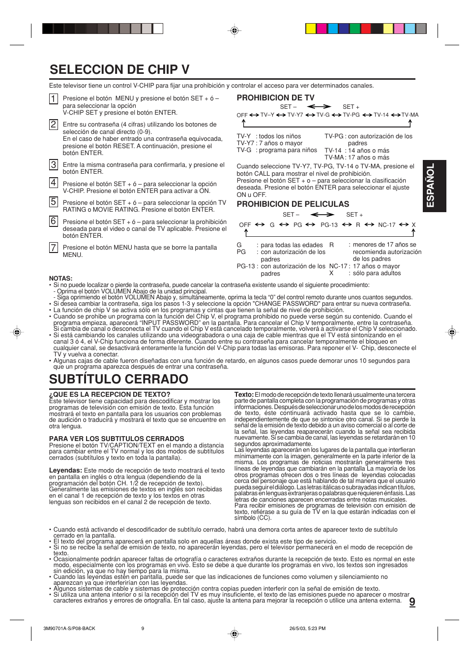 Seleccion de chip v, Subtítulo cerrado, Esp a ñ ol | Memorex MT2206 User Manual | Page 21 / 48