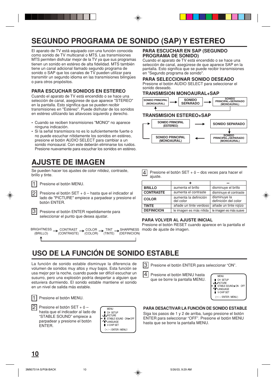 Ajuste de imagen, Segundo programa de sonido (sap) y estereo, Uso de la función de sonido estable | Memorex MT2206 User Manual | Page 22 / 48