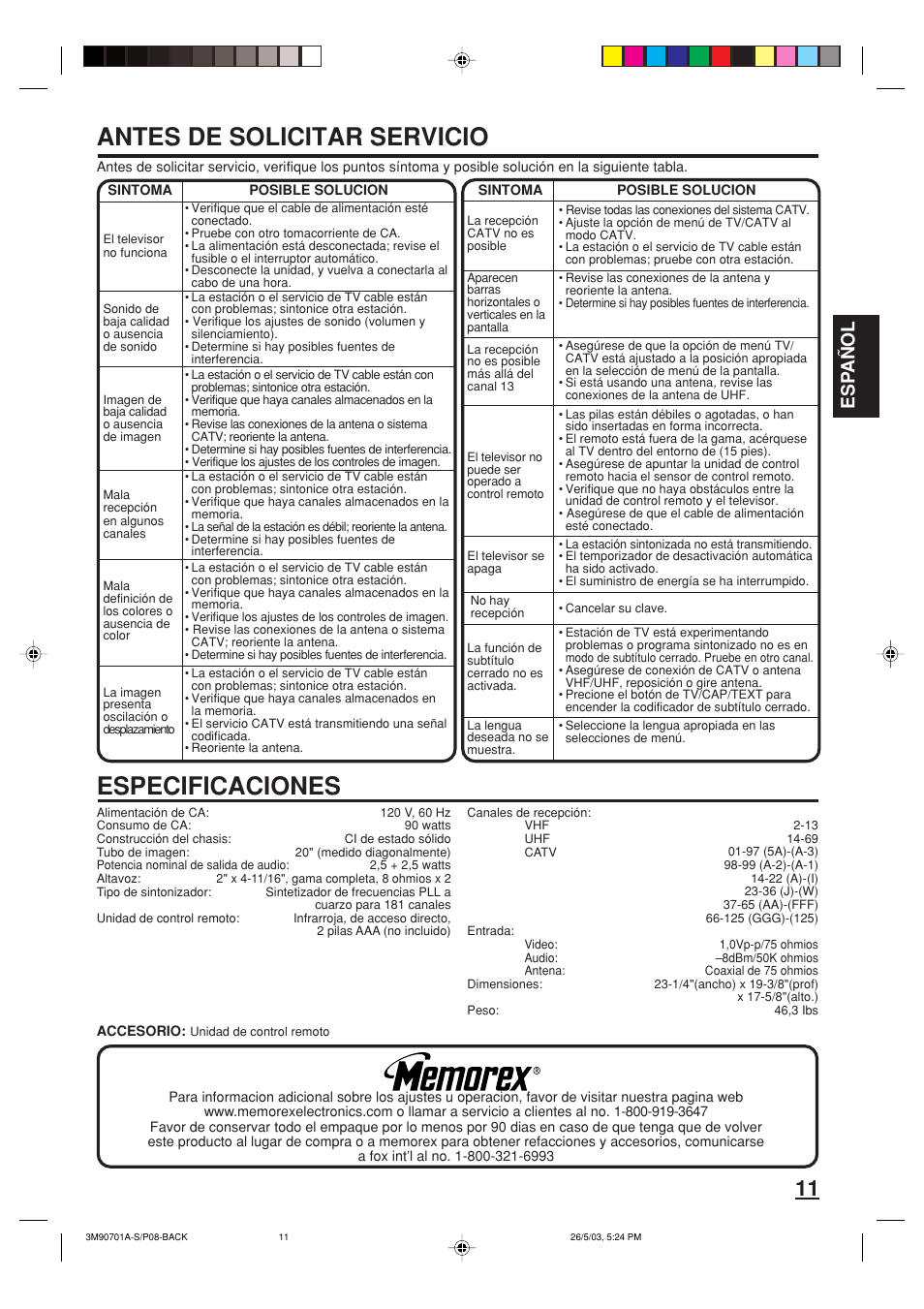 Antes de solicitar servicio, Especificaciones, Esp añol | Memorex MT2206 User Manual | Page 23 / 48