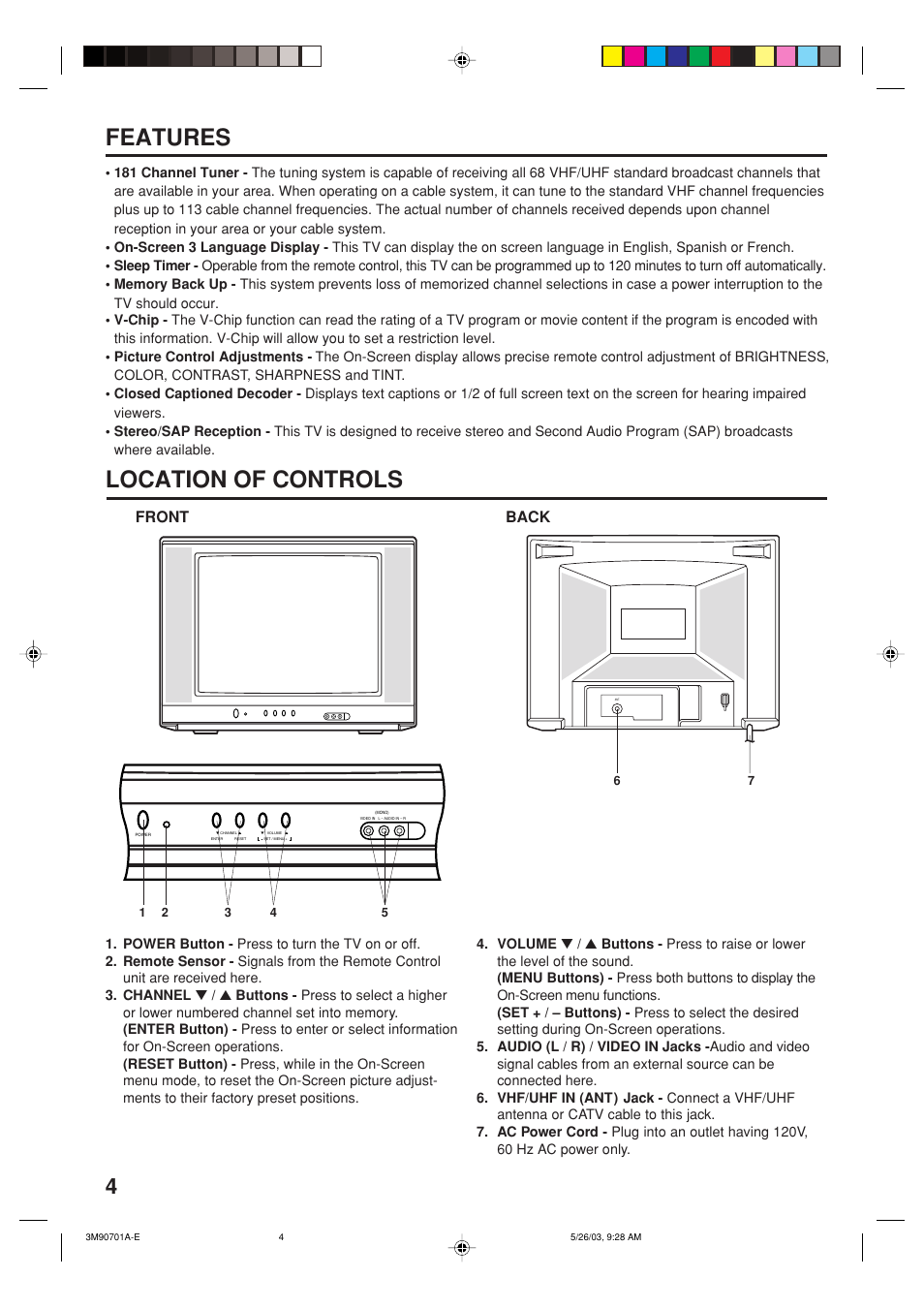 Features location of controls, Front back | Memorex MT2206 User Manual | Page 4 / 48