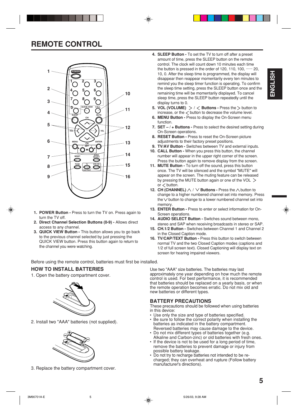 Remote control, English, How to install batteries | Battery precautions | Memorex MT2206 User Manual | Page 5 / 48