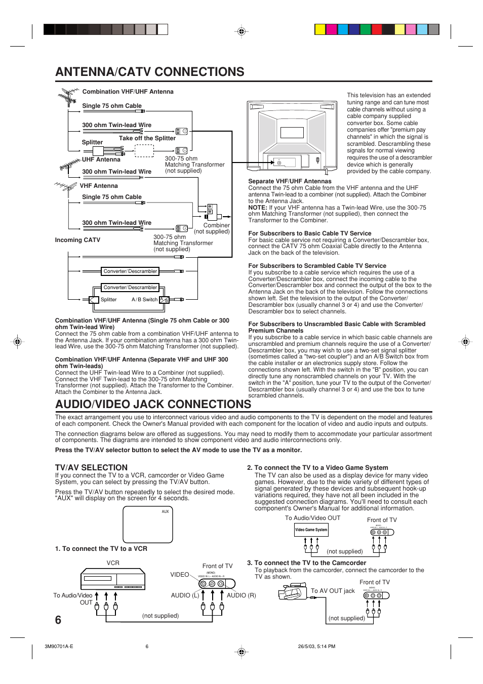 Antenna/catv connections, Audio/video jack connections, Tv/av selection | Memorex MT2206 User Manual | Page 6 / 48