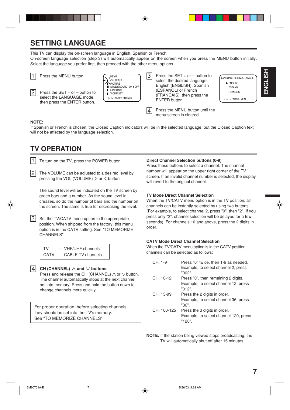 Setting language, Tv operation, English | Memorex MT2206 User Manual | Page 7 / 48