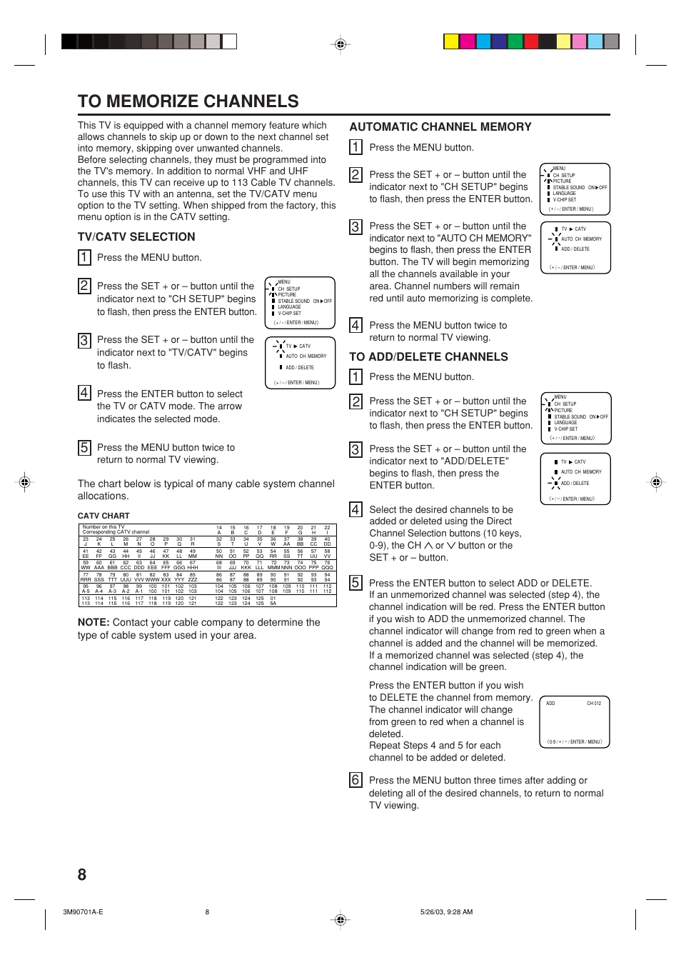Tv/catv selection | Memorex MT2206 User Manual | Page 8 / 48