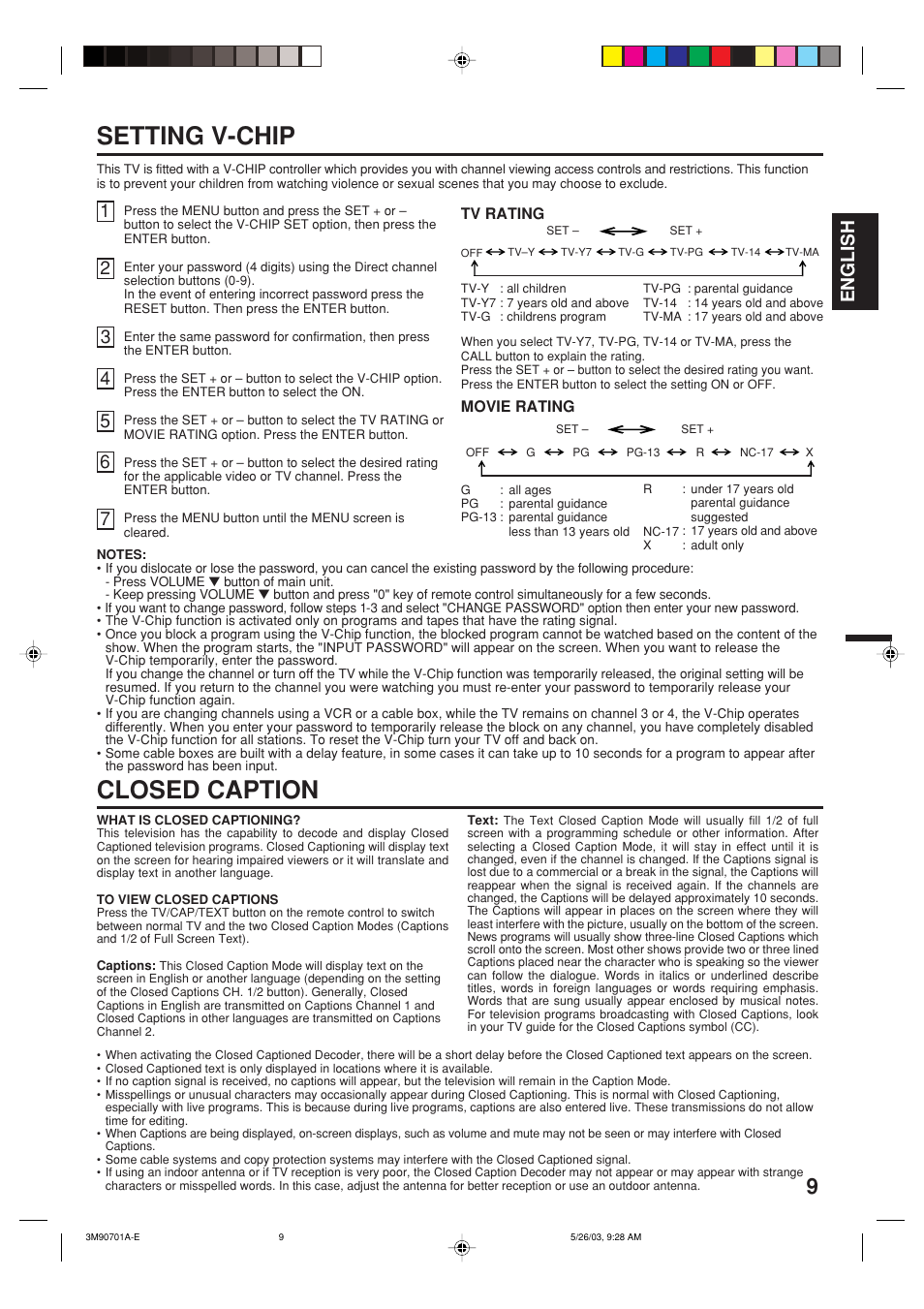 Setting v-chip, Closed caption, English | Memorex MT2206 User Manual | Page 9 / 48