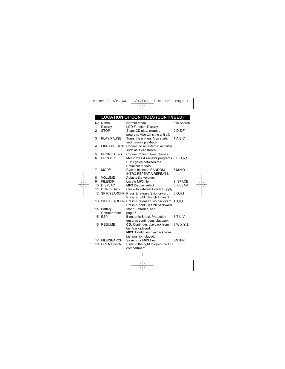 Location of controls (continued) | Memorex MPD8507CP User Manual | Page 5 / 23