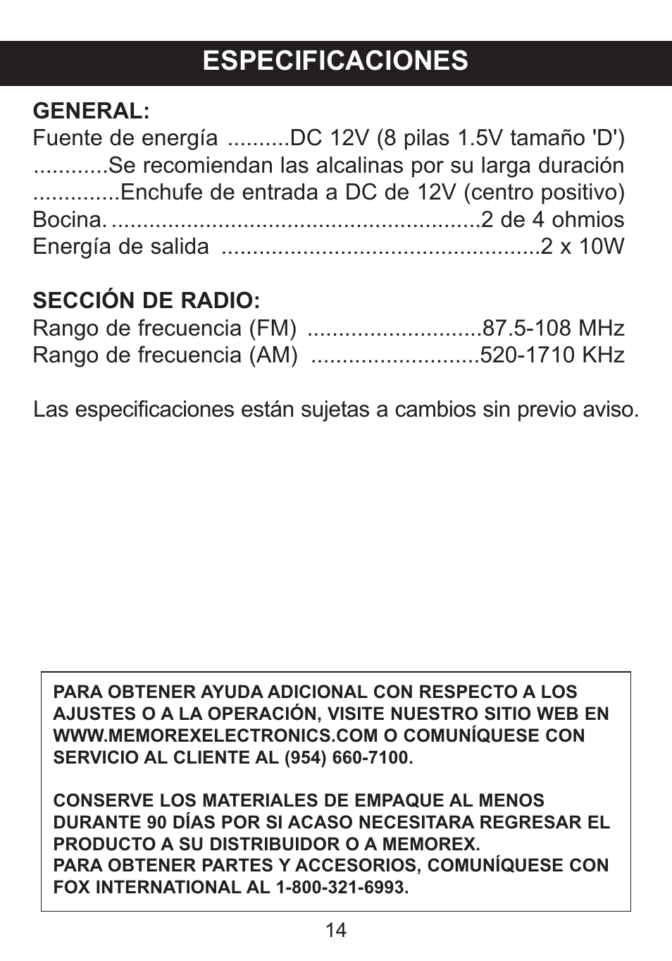 Especificaciones | Memorex SUFFIX A MI3005 User Manual | Page 31 / 32