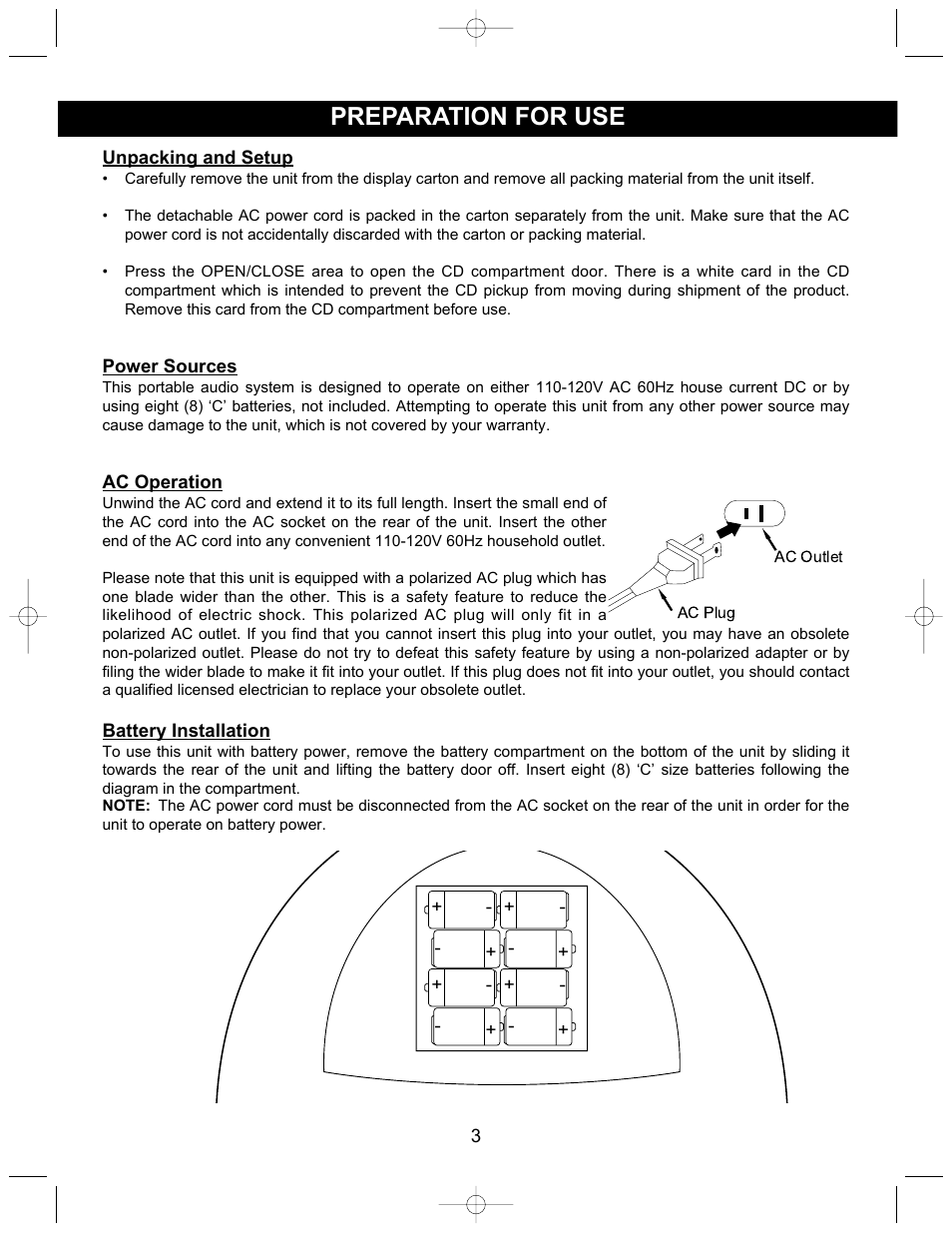 Preparation for use | Memorex MP3838 User Manual | Page 4 / 12