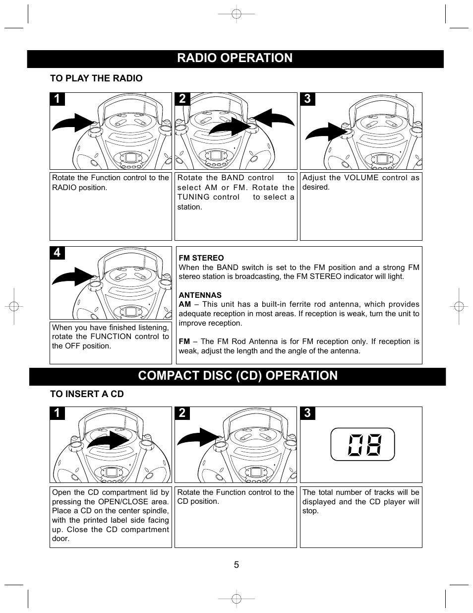 Radio operation, 2compact disc (cd) operation | Memorex MP3838 User Manual | Page 6 / 12