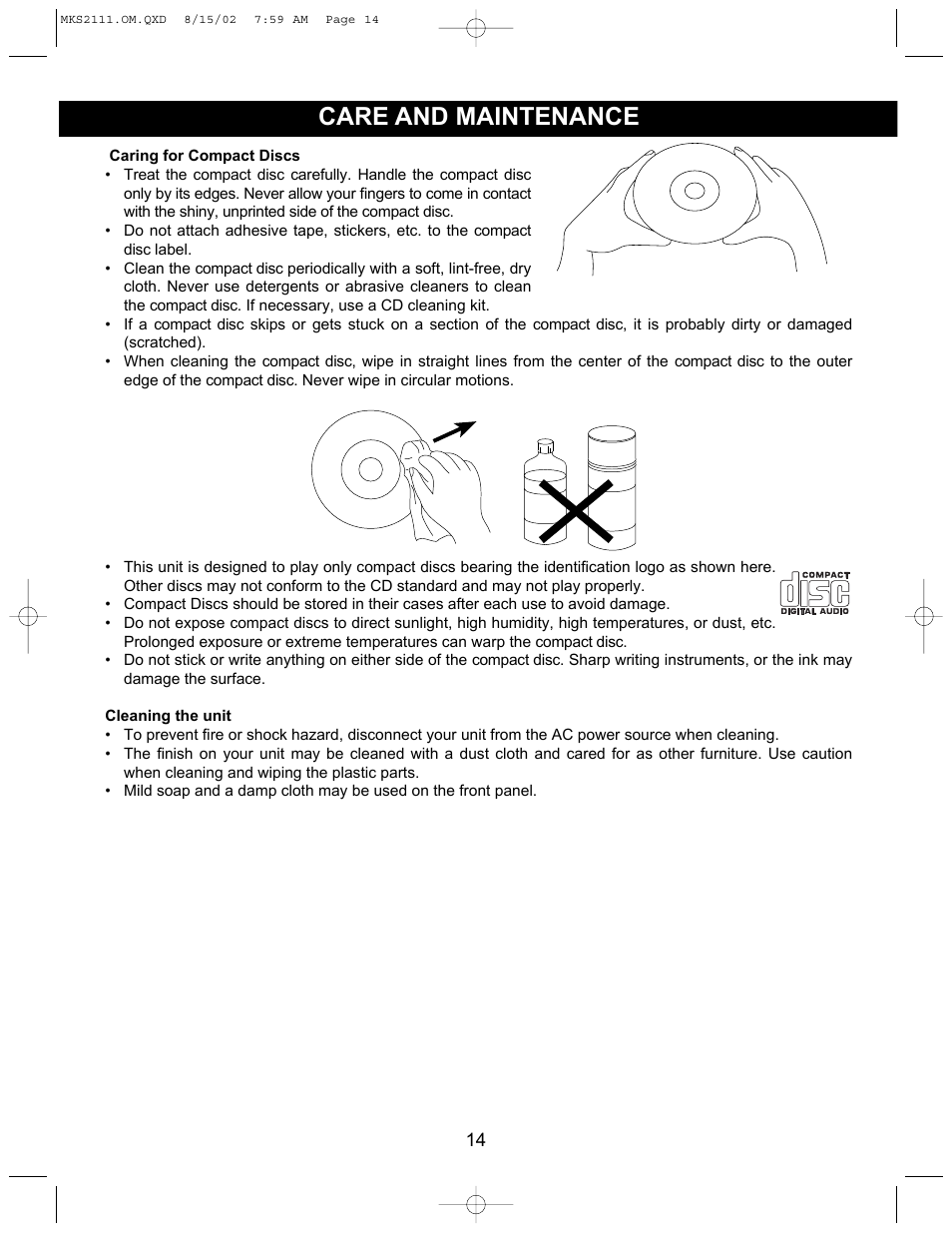 Care and maintenance | Memorex MKS2111 User Manual | Page 15 / 18