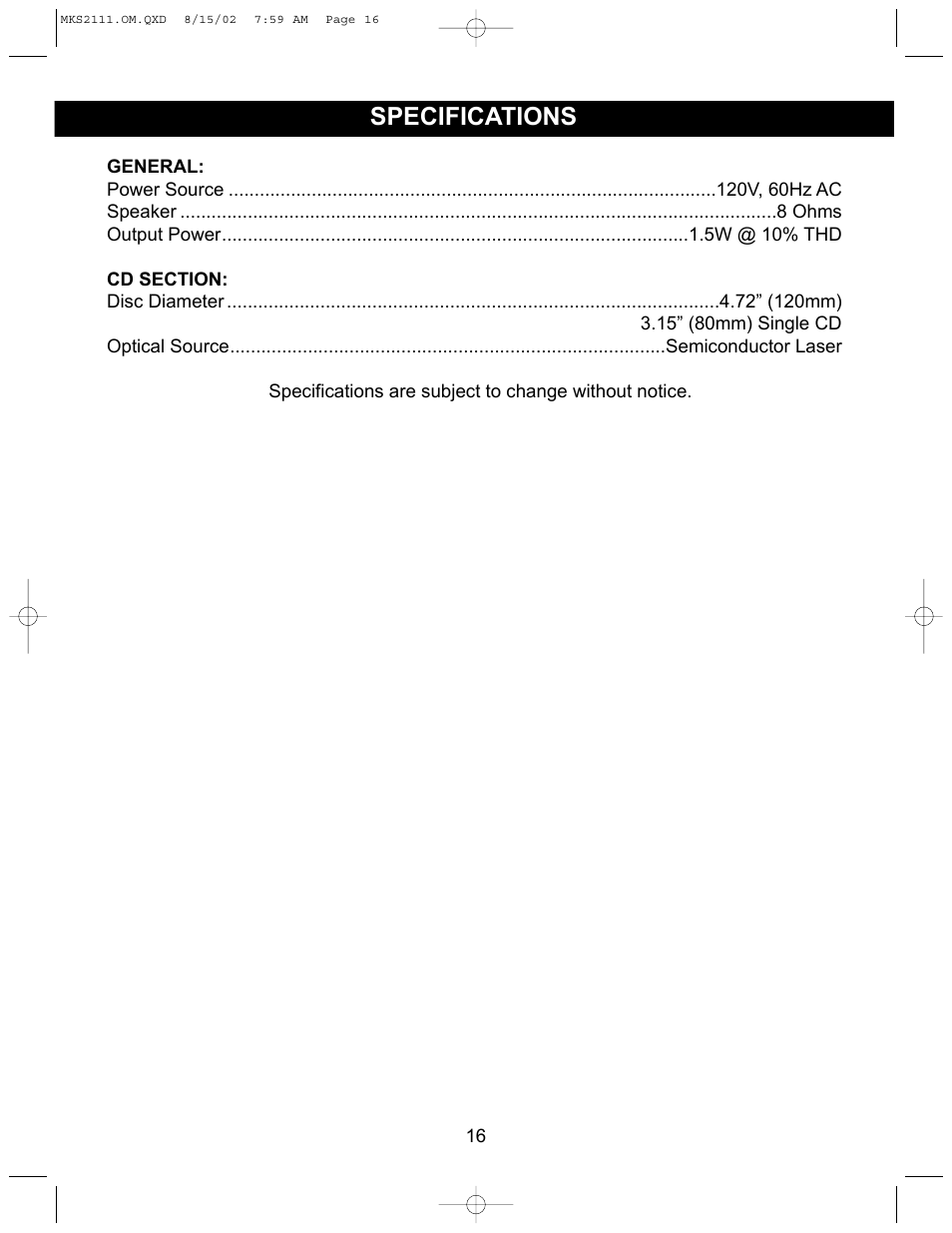 Specifications | Memorex MKS2111 User Manual | Page 17 / 18