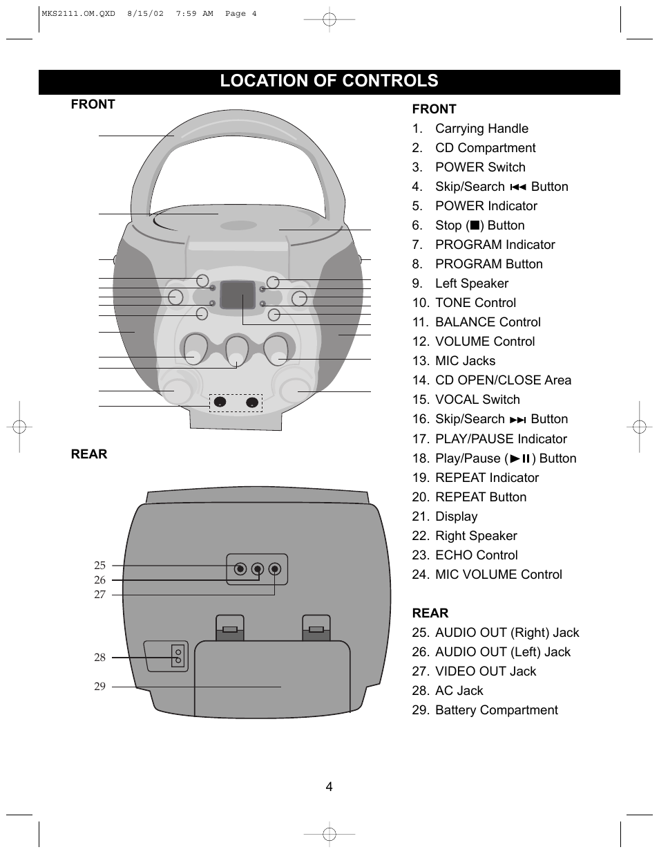 Location of controls | Memorex MKS2111 User Manual | Page 5 / 18
