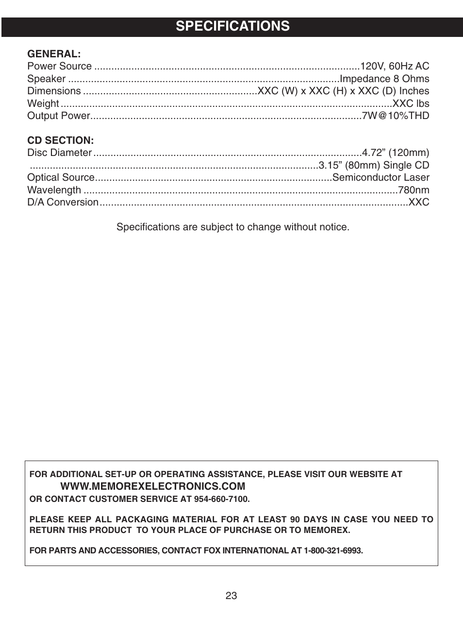 Specifications | Memorex MKS8503 User Manual | Page 24 / 25