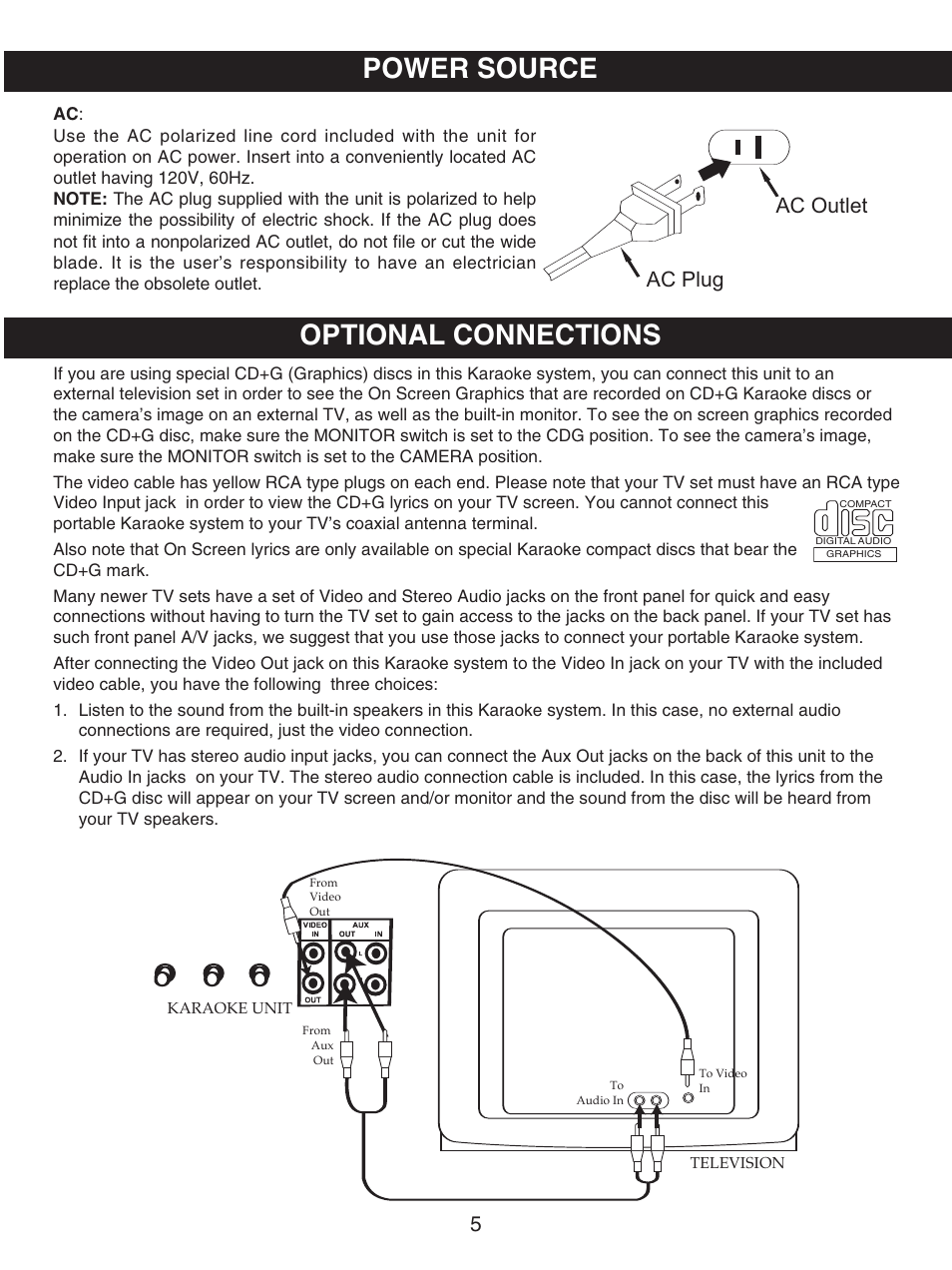 Power source optional connections, Ac plug ac outlet | Memorex MKS8503 User Manual | Page 6 / 25