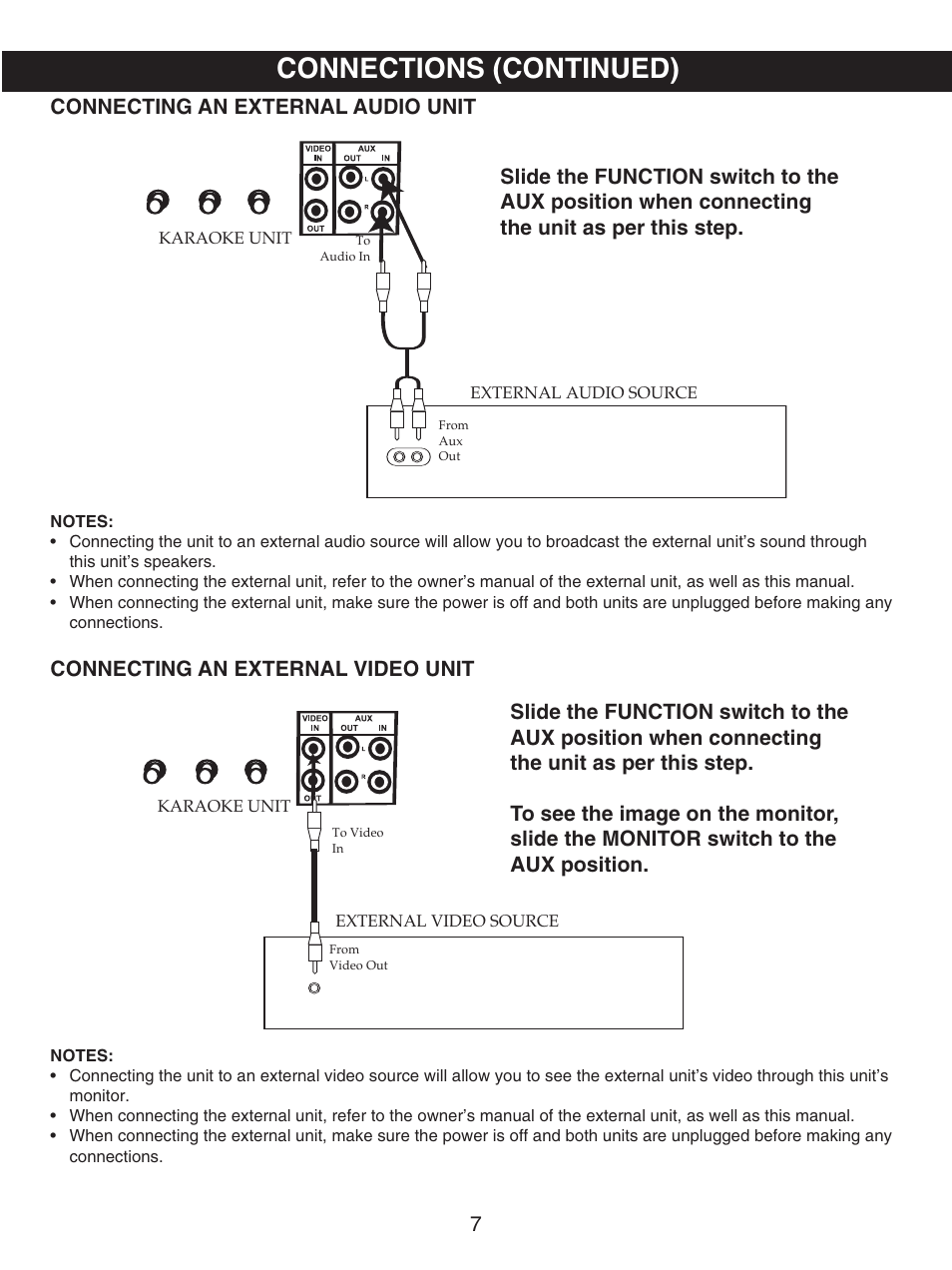 Connections (continued), Connecting an external audio unit, Connecting an external video unit | Memorex MKS8503 User Manual | Page 8 / 25