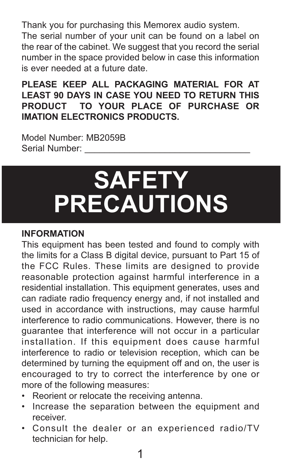 Safety precautions | Memorex MB2059B User Manual | Page 2 / 60