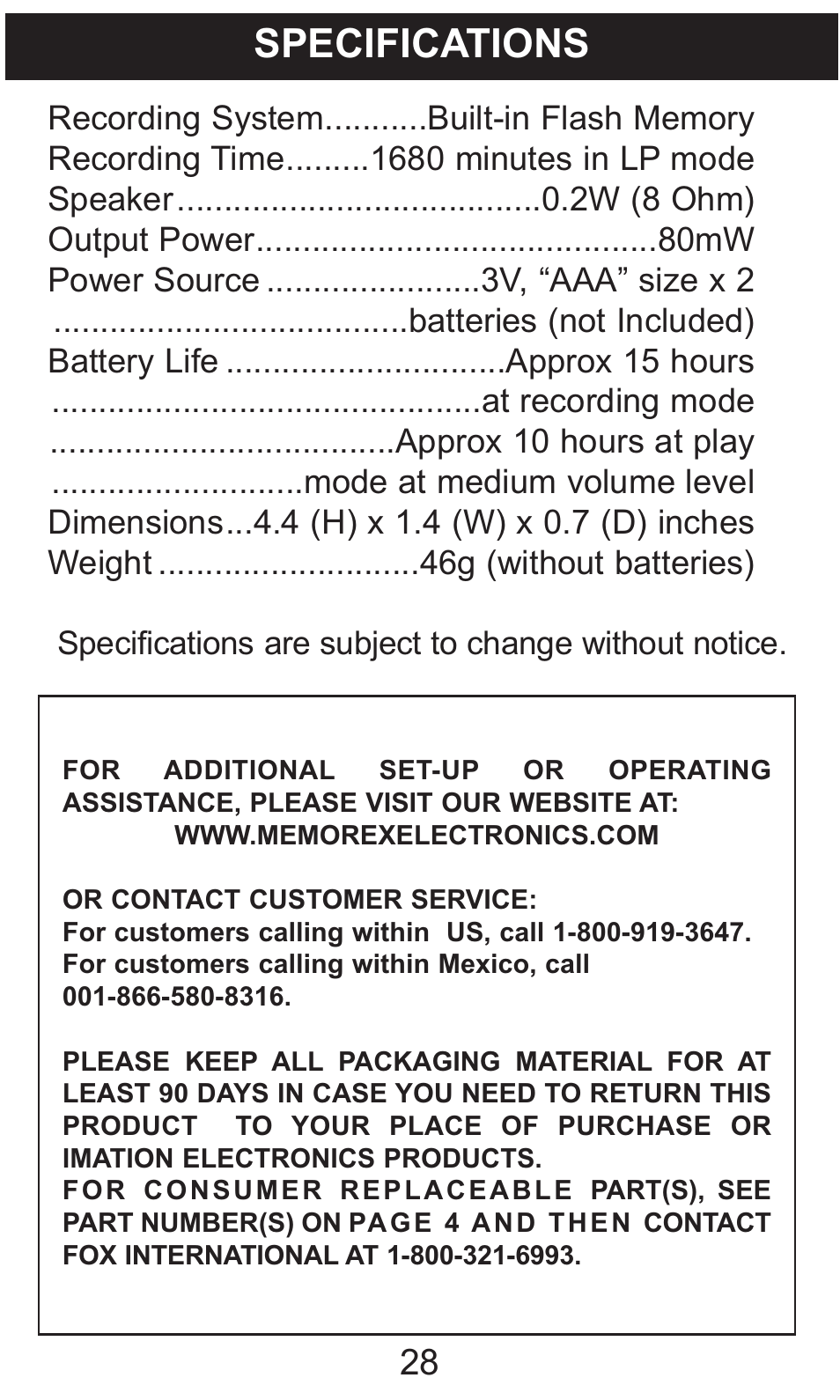 Specifications | Memorex MB2059B User Manual | Page 29 / 60