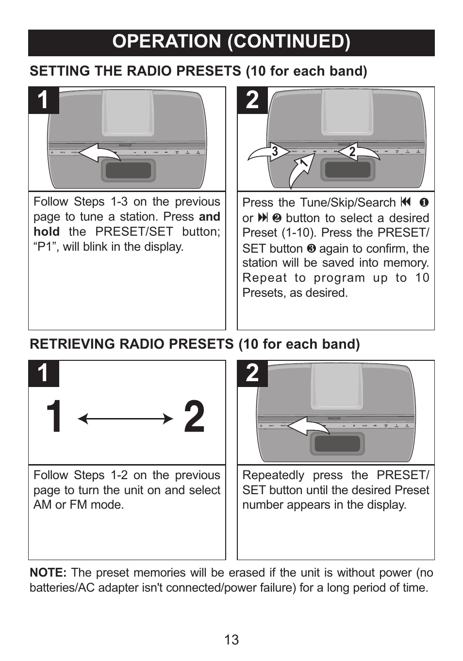 Operation (continued) | Memorex iWakeUp Mi4014 User Manual | Page 14 / 42