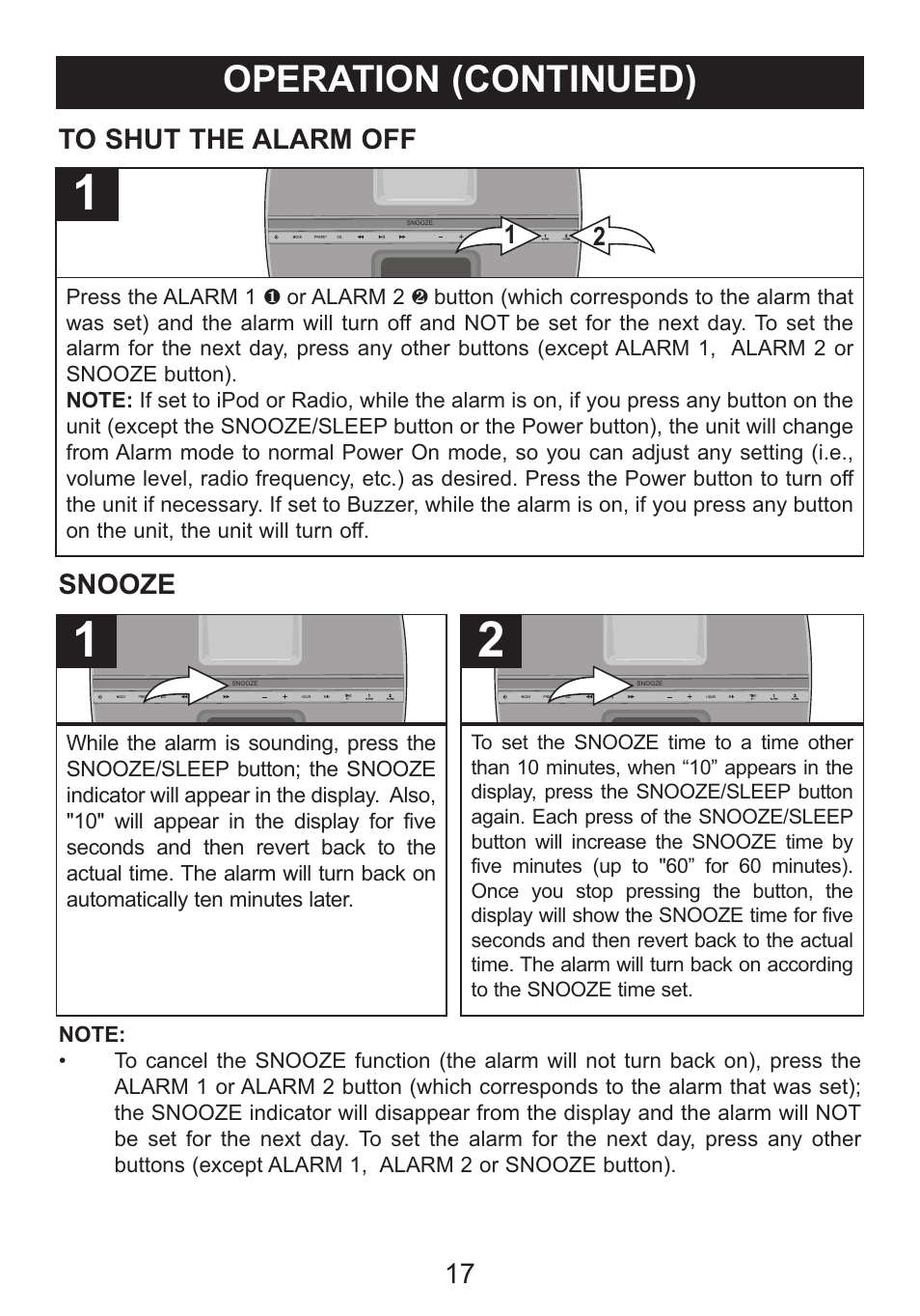 Operation (continued), Snooze | Memorex iWakeUp Mi4014 User Manual | Page 18 / 42